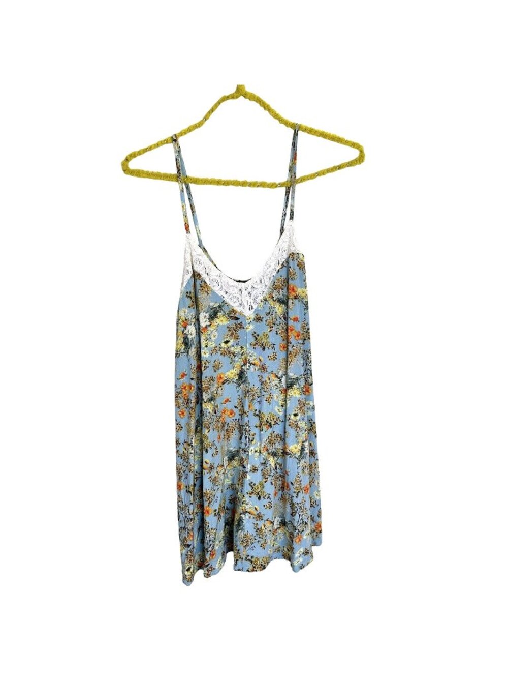 Ladies Mini Sundress ABOUT A GIRL Juniors Medium Blue Cream Floral Tank Dress